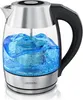 A glass and stainless steel electric kettle filled with blue water, with a heating element submerged. Produktbild-Vorschau