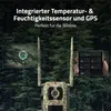 A hunting camera with antennas in a forest setting, with inset images showing its GPS location and app interface. Produktbild-Vorschau