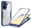 A blue and transparent phone case is shown, with one case assembled and another disassembled to reveal a phone inside. Produktbild-Vorschau