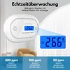 A carbon monoxide detector is shown with a digital display, and marketing text highlights its features and alarm levels. Produktbild-Vorschau