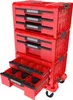 A red modular storage system with multiple drawers and compartments, shown on wheels. Podgląd zdjęcia produktu