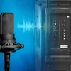 A microphone and a speaker with a sound wave graphic overlay. Produktbild-Vorschau