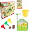 A collage of a children's mini greenhouse kit, including the packaging, individual components, and a close-up of the assembled greenhouse. Podgląd zdjęcia produktu