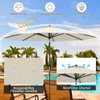 A patio umbrella is shown in a poolside setting with palm trees. Insets highlight product features. Náhled obrázku produktu