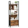 A tall, narrow bookshelf with a rustic brown finish and a black metal frame, against a white background. Náhled obrázku produktu