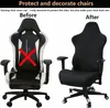 A 'before and after' comparison of a gaming chair, showing the chair before and after applying a cover. Produktbild-Vorschau