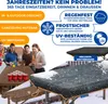 A collage of images showing a beer pong game, people playing, and a table cover in the snow, with marketing text highlighting product features. Produktbild-Vorschau
