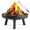 A black metal fire pit with a roaring fire and a fire poker resting on the side. Náhled obrázku produktu