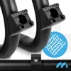 Close-up view of black metal stand components with rubberized grips and a blue circular graphic with a grid pattern. Voir les images du produit