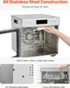 A stainless steel food dehydrator with its door open, showing the interior and a hand cleaning it. Smaller inset images show the exterior construction and dishwasher-safe trays. Podgląd zdjęcia produktu