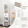 A white bookshelf with drawers and a door, shown in a room setting with a desk and a vase of flowers. Informational callouts highlight material, adjustable dividers, and space-saving features. Produktbild-Vorschau