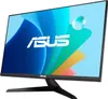 A black ASUS monitor with a colorful abstract wallpaper displayed on its screen, set against a light blue and white background. Produktbild-Vorschau