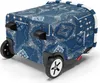 A blue and white bandana-patterned rolling shopping trolley is shown against a white background. Produktbild-Vorschau