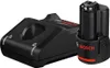 A black Bosch battery charger and a black Bosch battery are shown on a white background. Voir les images du produit