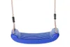 A blue plastic swing seat with beige ropes, isolated on a white background. Produktbild-Vorschau