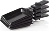A stack of black raclette pans with handles, isolated on a white background. Produktbild-Vorschau