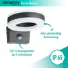 A product image of an outdoor motion-sensing lamp with descriptive text and icons. Produktbild-Vorschau