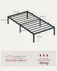 A diagram showing the dimensions of a bed frame, along with information about mattress size and weight capacity. Produktbild-Vorschau