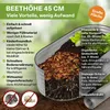 A cross-section of a raised garden bed showing different layers of soil and organic matter, with text highlighting its features and benefits. Produktbild-Vorschau