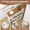 A narrow shelving unit with a wood-look top, placed in a kitchen setting next to cabinets. It holds jars and a cup of coffee. Smaller inset images show a kitchen, a laundry room, and a living room. Voir les images du produit