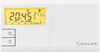 A white digital thermostat with a yellow illuminated screen displaying time, temperature, and program information. Produktbild-Vorschau