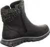 A side view of a black winter boot with a knitted cuff. Voir les images du produit
