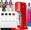 A collection of SodaStream products including a red SodaStream Art machine, several flavor bottles, and reusable water bottles. Produktbild-Vorschau
