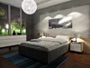 A modern bedroom with a large window overlooking a park at night, featuring a bed, nightstands, and decorative wall panels. Produktbild-Vorschau