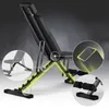 A black adjustable weight bench is shown with yellow lines highlighting key features and close-up insets. Produktbild-Vorschau