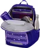 An open purple backpack with various items inside, including a lunchbox and a water bottle. Produktbild-Vorschau