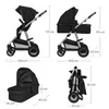 Collage of images showing a stroller and its components with dimensions indicated. Produktbild-Vorschau
