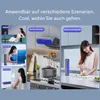 Collage of lifestyle images showing a portable air cooler being used in various settings like a living room, kitchen, and desk. Produktbild-Vorschau