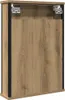 The back view of a cabinet with a wood grain finish and black metal trim. Voir les images du produit