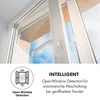 Close-up of an open window with a handle, with text and an icon below. Produktbild-Vorschau