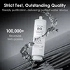 A water filter cartridge is shown with water splashing around it, against a dark, gradient background. Text overlays highlight product features and quality. Voir les images du produit