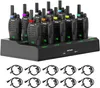 A set of 10 walkie-talkies and their charging base, with 10 individual headsets shown below. Voir les images du produit