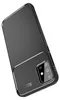 A black carbon fiber textured phone case with a camera cutout is shown against a white background. Produktbild-Vorschau