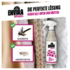 A marketing image for an insect repellent spray, showing two types of moths and the product bottle. Produktbild-Vorschau