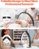 A collage showing a foldable desk lamp being used for professional beauty treatments, with close-ups of its folding mechanism. Voir les images du produit