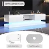 A modern white TV stand with LED lighting, shown in a living room setting with a TV on top. The image also includes close-up diagrams of product features. Produktbild-Vorschau