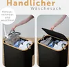 A person is shown demonstrating how to remove a laundry bag from a laundry basket and then placing the lid on the laundry basket. Produktbild-Vorschau