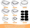 A collage of different sizes of clear plastic food storage containers with lids, along with a set of black labels. Dimensions and capacities are indicated for each container size. The bottom of the image features text in German. Náhled obrázku produktu