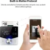 A person is shown scanning a QR code on a smart thermostat with a smartphone. The thermostat displays the current temperature and time. Podgląd zdjęcia produktu