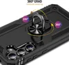 A close-up, angled view of a black smartphone case with a built-in ring holder. The case features textured sides and a protective design around the camera lenses. Arrows and text indicate the ring's 360-degree rotation and 100-degree angle. Produktbild-Vorschau