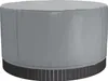 A round hot tub cover is shown, with the top portion covered in gray fabric and the bottom portion showing dark wooden slats. Podgląd zdjęcia produktu