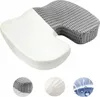 A product shot of an orthopedic seat cushion with three smaller circular images below showcasing features. Náhled obrázku produktu