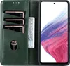 A green leather wallet-style phone case is open, showing credit cards and a bill inside, with a smartphone displaying a colorful abstract image on its screen. Produktbild-Vorschau