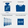 A graphic representation of tool kit features, including weight, portability, number of pieces, and material. Podgląd zdjęcia produktu
