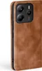 A close-up side view of a brown leather flip phone case for a Xiaomi Redmi Note 14 5G. Produktbild-Vorschau