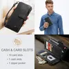 A collage of images showcasing a black leather wallet phone case, a man holding a similar case, and a close-up of the wallet's interior. Produktbild-Vorschau